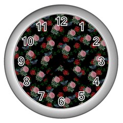 Dark Floral Butterfly Black Wall Clock (silver) by snowwhitegirl