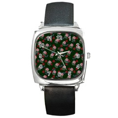 Dark Floral Butterfly Green Square Metal Watch by snowwhitegirl