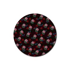 Dark Floral Butterfly Burgundy Rubber Coaster (round)  by snowwhitegirl