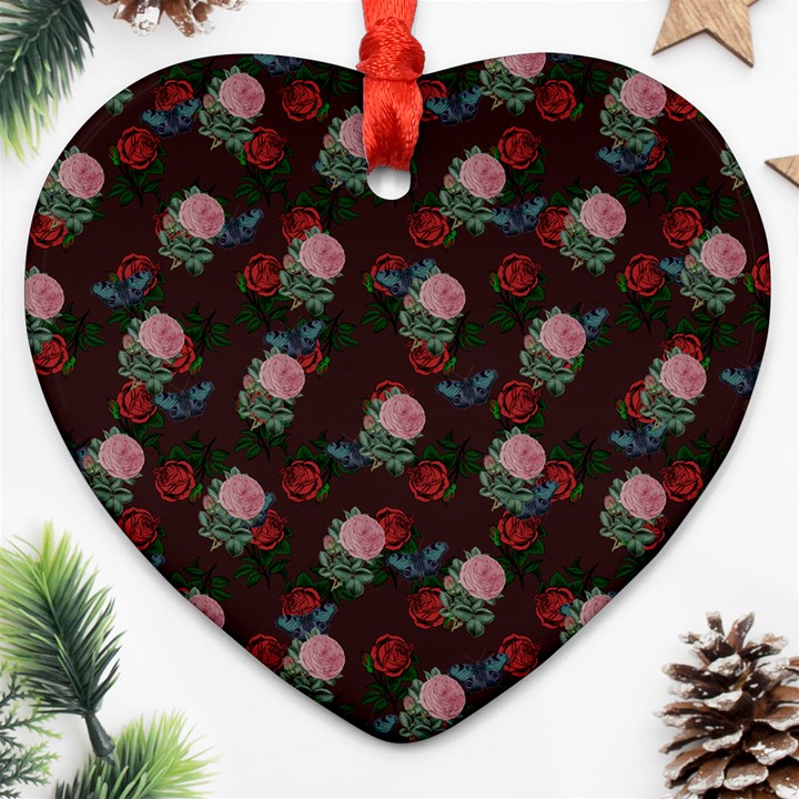 Dark Floral Butterfly Burgundy Heart Ornament (Two Sides)