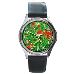 Red Flowers And Green Plants At Outdoor Garden Round Metal Watch