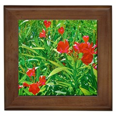 Red Flowers And Green Plants At Outdoor Garden Framed Tile by dflcprintsclothing