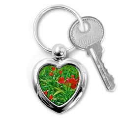 Red Flowers And Green Plants At Outdoor Garden Key Chain (heart) by dflcprintsclothing