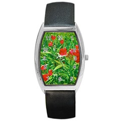 Red Flowers And Green Plants At Outdoor Garden Barrel Style Metal Watch by dflcprintsclothing