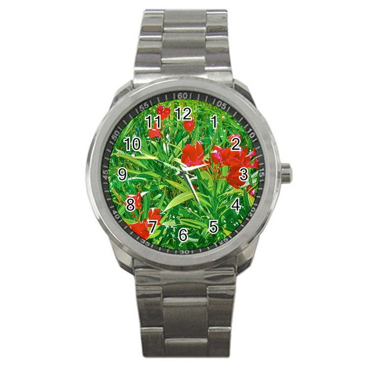 Red Flowers And Green Plants At Outdoor Garden Sport Metal Watch