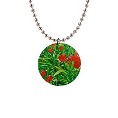 Red Flowers And Green Plants At Outdoor Garden 1  Button Necklace