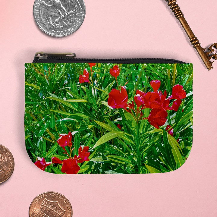 Red Flowers And Green Plants At Outdoor Garden Mini Coin Purse