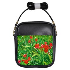 Red Flowers And Green Plants At Outdoor Garden Girls Sling Bag by dflcprintsclothing