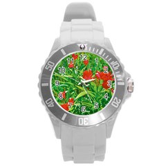 Red Flowers And Green Plants At Outdoor Garden Round Plastic Sport Watch (l)