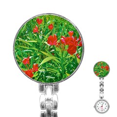 Red Flowers And Green Plants At Outdoor Garden Stainless Steel Nurses Watch