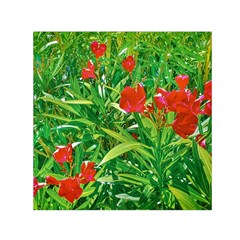 Red Flowers And Green Plants At Outdoor Garden Small Satin Scarf (square) by dflcprintsclothing