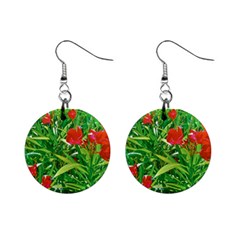 Red Flowers And Green Plants At Outdoor Garden Mini Button Earrings by dflcprintsclothing