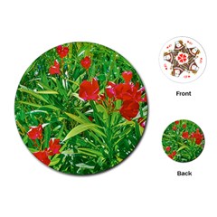 Red Flowers And Green Plants At Outdoor Garden Playing Cards Single Design (round)