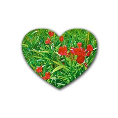 Red Flowers And Green Plants At Outdoor Garden Rubber Coaster (heart) 