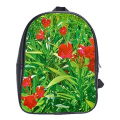 Red Flowers And Green Plants At Outdoor Garden School Bag (large) by dflcprintsclothing