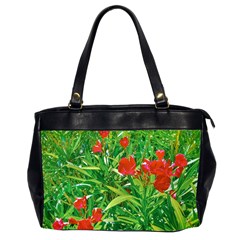 Red Flowers And Green Plants At Outdoor Garden Oversize Office Handbag (2 Sides) by dflcprintsclothing