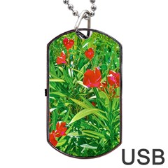 Red Flowers And Green Plants At Outdoor Garden Dog Tag Usb Flash (one Side)