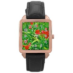 Red Flowers And Green Plants At Outdoor Garden Rose Gold Leather Watch  by dflcprintsclothing