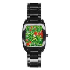 Red Flowers And Green Plants At Outdoor Garden Stainless Steel Barrel Watch by dflcprintsclothing