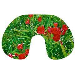 Red Flowers And Green Plants At Outdoor Garden Travel Neck Pillow by dflcprintsclothing