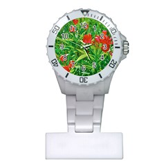 Red Flowers And Green Plants At Outdoor Garden Plastic Nurses Watch