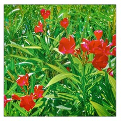 Red Flowers And Green Plants At Outdoor Garden Large Satin Scarf (square) by dflcprintsclothing