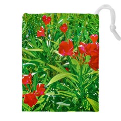 Red Flowers And Green Plants At Outdoor Garden Drawstring Pouch (5xl)