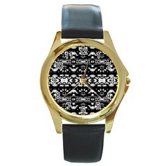 Black And White Modern Ornate Stripes Design Round Gold Metal Watch