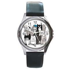 Cute Cat Hand Drawn Cartoon Style Round Metal Watch by Vaneshart