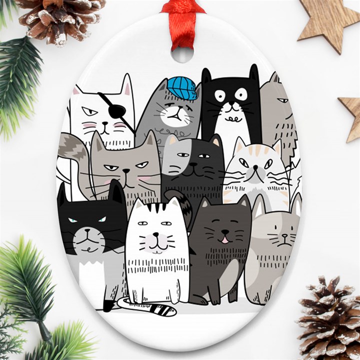 Cute Cat Hand Drawn Cartoon Style Ornament (Oval)