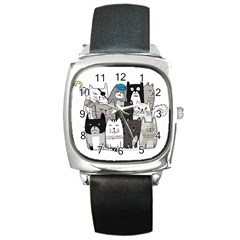 Cute Cat Hand Drawn Cartoon Style Square Metal Watch by Vaneshart