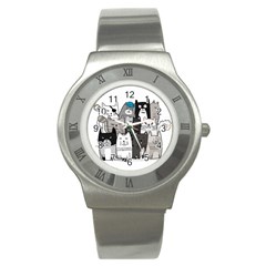 Cute Cat Hand Drawn Cartoon Style Stainless Steel Watch by Vaneshart