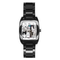 Cute Cat Hand Drawn Cartoon Style Stainless Steel Barrel Watch by Vaneshart