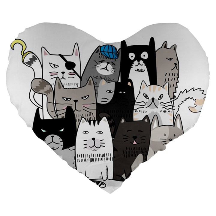 Cute Cat Hand Drawn Cartoon Style Large 19  Premium Flano Heart Shape Cushions