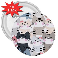 Cute Cat Couple Seamless Pattern Cartoon 3  Buttons (10 Pack)  by Vaneshart