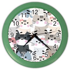 Cute Cat Couple Seamless Pattern Cartoon Color Wall Clock by Vaneshart