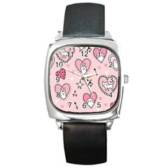 Cartoon Cute Valentines Day Doodle Heart Love Flower Seamless Pattern Vector Square Metal Watch by Vaneshart