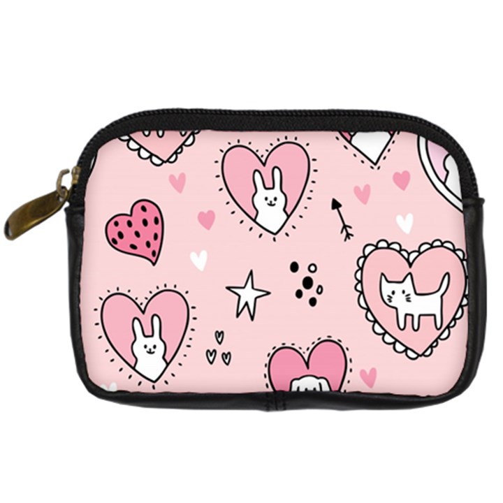 Cartoon Cute Valentines Day Doodle Heart Love Flower Seamless Pattern Vector Digital Camera Leather Case