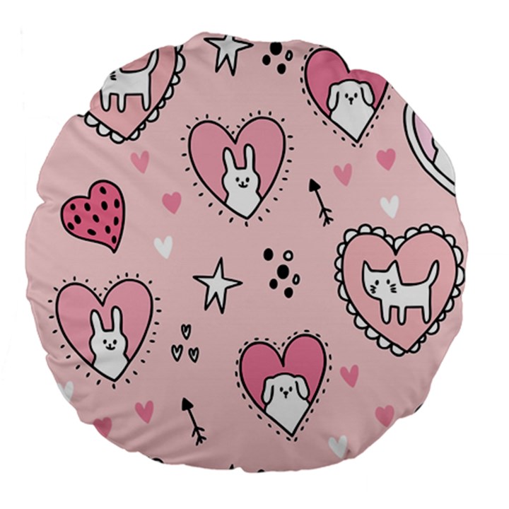 Cartoon Cute Valentines Day Doodle Heart Love Flower Seamless Pattern Vector Large 18  Premium Flano Round Cushions