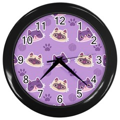 Cute Colorful Cat Kitten With Paw Yarn Ball Seamless Pattern Wall Clock (black) by Vaneshart