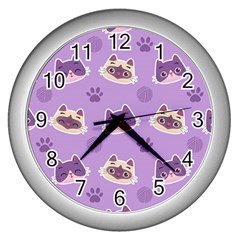 Cute Colorful Cat Kitten With Paw Yarn Ball Seamless Pattern Wall Clock (silver) by Vaneshart