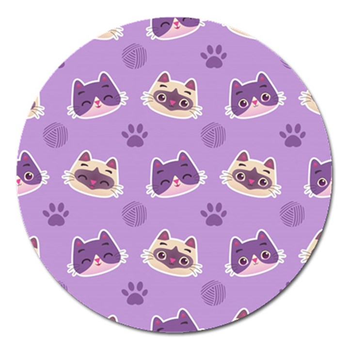 Cute Colorful Cat Kitten With Paw Yarn Ball Seamless Pattern Magnet 5  (Round)