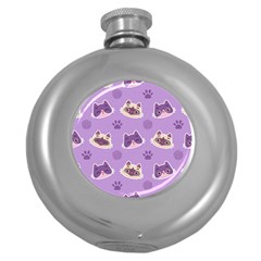 Cute Colorful Cat Kitten With Paw Yarn Ball Seamless Pattern Round Hip Flask (5 Oz) by Vaneshart