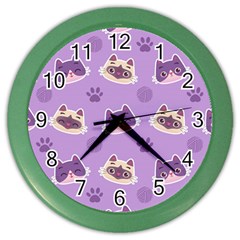 Cute Colorful Cat Kitten With Paw Yarn Ball Seamless Pattern Color Wall Clock by Vaneshart