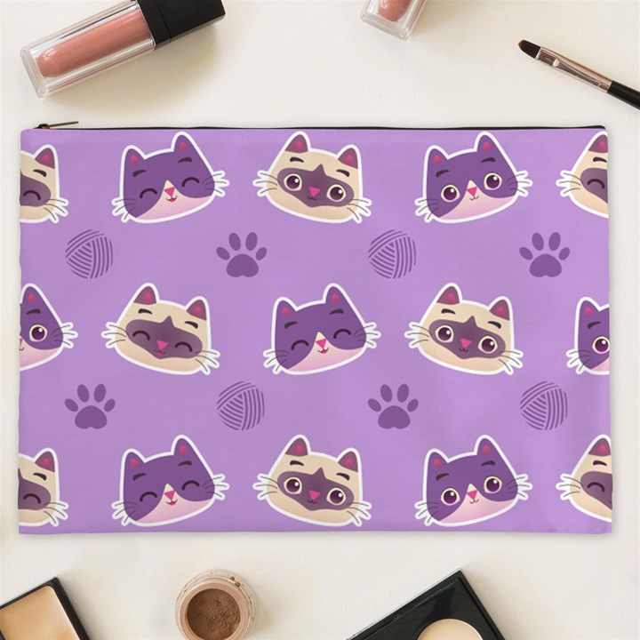 Cute Colorful Cat Kitten With Paw Yarn Ball Seamless Pattern Cosmetic Bag (XXL)