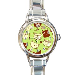 Cute Hand Drawn Cat Seamless Pattern Round Italian Charm Watch by Vaneshart