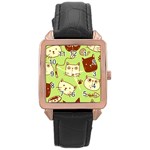 Cute Hand Drawn Cat Seamless Pattern Rose Gold Leather Watch  Front