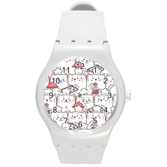 Cute Cat Chef Cooking Seamless Pattern Cartoon Round Plastic Sport Watch (m) by Vaneshart