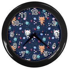 Cute Astronaut Cat With Star Galaxy Elements Seamless Pattern Wall Clock (black) by Vaneshart