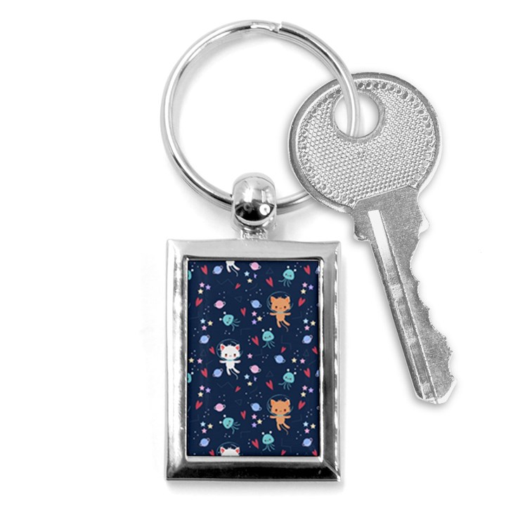 Cute Astronaut Cat With Star Galaxy Elements Seamless Pattern Key Chain (Rectangle)